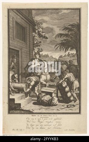Le départ du fils perdu; Uytocht; la parabole du fils perdu. Le fils perdu part avec ses biens et son héritage de sa maison parentale. Il est assis sur un cheval. Serviteurs tiroirs sont substance sur deux autres chevaux qui sont déjà prêts. Par la porte, le père du fils perdu peut être vu dans la maison. Sous le spectacle un verset hollandais sur l'histoire. Banque D'Images