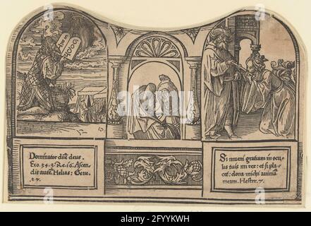 Moïse reçoit les tablettes de pierre et Esther s'agenouille pour ahasveros; la passion ronde. Partie inférieure d'une feuille, d'une série de douze impressions. Imprimé de plusieurs blocs. Deux scènes de l'ancien Testament, les Préfigulations du Christ sur la montagne d'Olive: Liens Moïse reçoit les tables de pierre, il ya des références aux textes de la Bible, droite Esther Coast Staff d'Ahasveros, il ya des références aux textes de la Bible. Deux prophètes au milieu. Banque D'Images