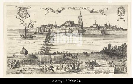 Arrivée du Schutterij van Leiden dans la tombe, 1622; le Stadt Graef; voyage du Leiden Schutterij vers la tombe, 1622. L'arrivée du Leiden Schutterij à la tombe, le 26 septembre 1622. Les troupes se rassemblent sur les rives de la Waal au Schipbrug. Au bas de la légende A-IJ. Au sommet de l'air les armes de Leiden et de tombe. Partie d'une série de 3 tirages du voyage de la milice de Leiden à la tombe pour garder la ville occupée afin que Maurits puisse s'entirer sur Bergen op Zoom. Sans les versets sous la plaque. Banque D'Images