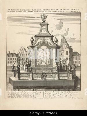 Temple de la paix, pièce maîtresse des feux d'artifice illuminés le 9 décembre 1721; le Temple d'Ianus, à l'autorité de la paix éternelle, ferma l'empereur de la grande Russie de Tuszen, et le roi de Suède. Préparatifs autour du temple de la paix, le centre du feu d'artifice allumé le 9 décembre 1721 sur l'intérieur-amstel au Kloveniersburgwal en mémoire de la paix de Nystad conclu entre la Russie et la Suède le 10 septembre 1721. De l'autre côté de l'eau, la tour Swygh Utrecht. Le feu d'artifice livré au nom de Christoffel van Brants, représentant du Kroon russe à Amsterdam. Dans la légende Banque D'Images