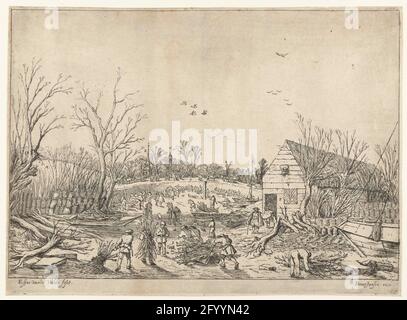 Travaux de réparation sur l'étanchéité cassée à Vianen. La fuite cassée en 1624. Des hommes avec des patrons de branche sur leur dos marchant dans le lit sec de la fuite. Les bateaux sont vidangés. Le Lekdijk est restauré avec des branches. Au loin, la tour de l'église du village de Vianen et la tour Dom d'Utrecht. Banque D'Images