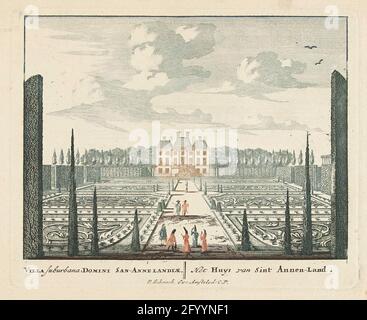 Vue de la maison de campagne de Clingendael à la Haye; DELECTENE SIGNÉ DE LA GESTION MISTRY LOO LOW ET D'AUTRES MAISONS de PRISPLE; Admiandorum Quadruplex Spectaculum. Imprimé à partir d'une série de 71 gravures représentant des paysages du Rhin, des visages sur des palais royaux et des paysages urbains de la Haye et d'Amsterdam. Ceci est imprimé 44 de la série. La maison de campagne de Curingendael est mentionnée dans la légende Maison de Saint-Annen-Land parce qu'elle était en possession de M. Van St. Annaland à l'époque. Banque D'Images
