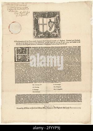 Proclamation officielle de la paix de Westminster, 15 avril 1654; PROCLAMATION de la paix entre cette richesse commune ou l'Angleterre, l'Écosse et l'Irlande, et celle des provinces unies des pays-Bas (...). Proclamation officielle de la paix de Westminster, close le 15 avril 1654 entre les provinces-Unis et l'Angleterre, qui touche à la fin de la première guerre anglaise. Feuille avec une empreinte d'une plaque avec les armes de l'Angleterre et de l'Irlande, texte en anglais commençant par un premier H décoré (Hercules), joint de cire avec les armes de l'Angleterre et de l'Irlande et une annotation de H. Scobell, Cl Banque D'Images