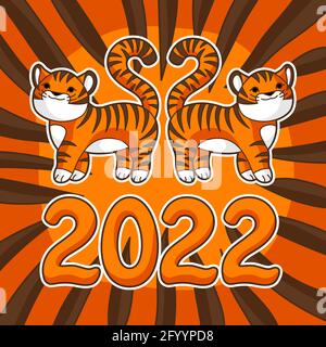 Carte de vœux avec de jolis tigres. Symbole du nouvel an chinois 2022. Illustration de Vecteur