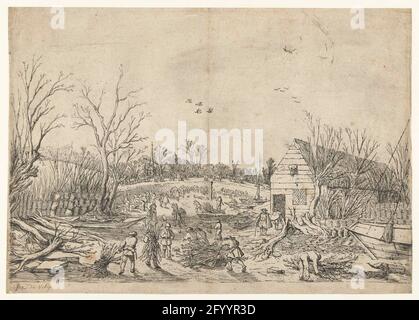 Travaux de réparation sur l'étanchéité cassée à Vianen. La fuite cassée en 1624. Des hommes avec des patrons de branche sur leur dos marchant dans le lit sec de la fuite. Les bateaux sont vidangés. Le Lekdijk est restauré avec des branches. Au loin, la tour de l'église du village de Vianen et la tour Dom d'Utrecht. Banque D'Images
