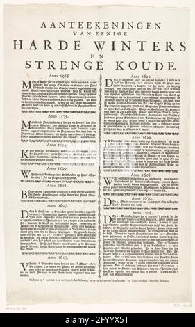 Liste des hivers rigoureux entre 1568 et 1708; notes de quelques hivers durs et rigoureux. Feuille avec un aperçu des hivers rigoureux dans deux colonnes dans les années 1568, 1575, 1594, 1599, 1601, 1607, 1617, 1620, 1622, 1658, 1670 et 1708. Banque D'Images