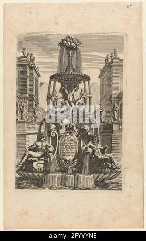 Fontaine de trois étages; fontaines ou économiseurs d'eau dans le style italien. Il y a deux dieux de rivière au fond, au sommet il y a un panier de fruits. Banque D'Images