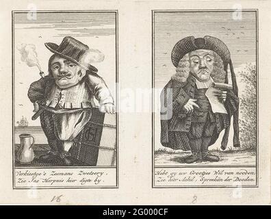 Deux pages avec nanisme, environ 1720. Deux pages avec le manteau nain Harpuis et Achil, ca. 1720. Provenant d'une publication d'environ 1775 exemplaires réduits de la série hollandaise originale avec caricatures des nains de 1716, connue sous le nom de Dwengendoeleel . Banque D'Images