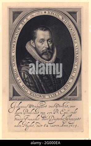 Portrait de Johannes Wtenbogaert à l'âge de 62 ans. Portrait du pasteur Johannes Wtenbogaert à l'âge de 62 ans, poitrine avec col de moulin et robe, dans un cadre ovale avec inscription latine. Quatre lignes d'inscription latine dans le sous-vêtement. Banque D'Images