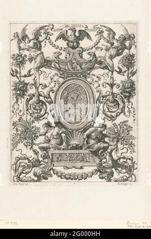 Panneau mural avec deux nymphes sous liste ovale ; Livre de Diverses Grotesques, Peintes dans le Cabinet de la Reine Régte, au Palais Royal. Le monogramme royal primé figure dans la liste. Banque D'Images