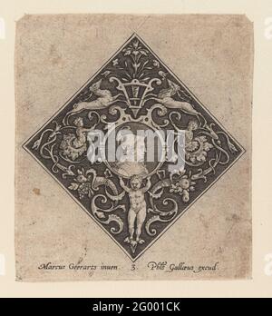 Fenêtre, dans laquelle un enfant a un médaillon avec une femme porcante; décorations plates avec grotesken sur un fond ombragé; ornements. N (3, 5, 6, 7 de la suite de 12 pièces. PHL. Gallerus Excud .. Feuille 3 de 5 feuilles numérotées d'une série de 12. Grotesken balancer autour du médaillon au sommet de deux cerfs sautant. Banque D'Images