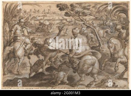 Chasse à l'autruche à Barbary. Jan van der Straet a imprégné cette scène de chasse d'un grand sens du drame. L'autruche au milieu de la composition est attaqué par des chiens et des estrades dans la peur. Au loin, les cavaliers chassent plus d'autruches. Au XVIe siècle, cette créature a été recherchée pour ses plumes, qui ont été façonnées en fans ou utilisées pour orner les vêtements des riches. Banque D'Images