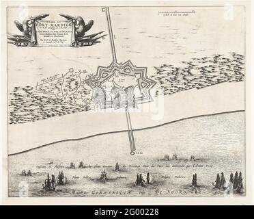 Carte du fort Mardijk, 1646; Plan du fort Mardick et de ses atacques, et l'an 1646 par s.a.r. MONSR. Le Duc d'Orléans; les Glorieuses Conquêtes de Louis le Grand, d'après le Chevalier de Beaulieu. Carte du fort Mardijk à la ville de Mardijk à Duinkerken, Besiesterd et conquise par l'armée française sous Gaston, duc d'Orléans sur les Espagnols, 22 juin - 9 juillet 1645. Avant la côte, une flotte déclarée sous le commandement de l'amiral Maarten Tromp. En haut à droite un plus clair: Eschelle de DEUX cents thoises. Dans la légende de Legenda 1-14 en français. En haut à droite une arme. Fait partie d'une série de Banque D'Images