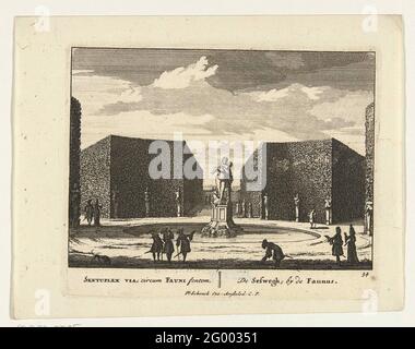 Image du Faun dans le labyrinthe des Jardins du Palais Het Loo; DELECTENE SIGNÉ DE LA GESTION MISTRY LOO LOW ET D'AUTRES maisons de PRISPLE; Admirandorum Quadruplex Spectaculum. Des femmes et des hommes élégamment habillés se promeurent autour d'un étang avec une photo d'un Faun dans les jardins du Loo. L'étang est situé sur le fameux 'Zesweg' au milieu du labyrinthe. Imprimé à partir d'une série de 71 gravures représentant des paysages du Rhin, des visages sur des palais royaux et des paysages urbains de la Haye et d'Amsterdam. Banque D'Images