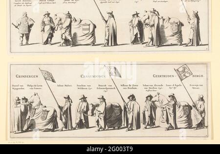 Le cortège funéraire de Frederik Hendrik (plaque no 12), 1647; la procession funéraire du Stadholder Frederik Hendrik dans 's-Gravenhage en 1647; Syne Hoogheyt Frederick Henrick, par le prince d'Orange de Dieu de Graatien, tombe de Nassau & c. La procession funéraire du Stadholder Frederik Hendrik dans 's-Gravenhage le 10 mai 1647. Plaque No 12 avec une partie de la procession avec les porteurs standard et trois chevaux, au-dessus des gens sont leur nom et fonction. Partie d'une série de 30 plaques et 20 feuilles de texte, destinées à être collées ensemble. Banque D'Images