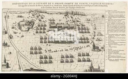 Bataille de Fleurus, 1622; disposition de la Journe de S. Amand Comte 'de Namur, laquelle plusieurs ont appelé la Journée de Fleurou, Donember le 29. Aoust 1622. Entre l'Armée de sa majesté Catholique, et celles de Mansfeld et de Christian Duc de Brunsvic, cet hôtel de l'Evêque d'Halberstat. Bataille de Fleurus à Hainaut entre l'armée sous Christiaan Hertog van Brunswijk et Ernst Graaf van Mansfeld contre l'armée espagnole sous Gonzalo Fernández de Córdoba, 29 août 1622. À droite, la légende A-L et 1-8 en français. Banque D'Images