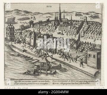 Bonn gagné par Schenck pour Truchsess, 1587. Bonn par Schenck gagné pour Truchsess, 23 décembre 1587. Épisode de la guerre de Keulse. Avec légende de 4 lignes en latin. Numéro 194. Imprimé au dos avec texte en latin. Banque D'Images