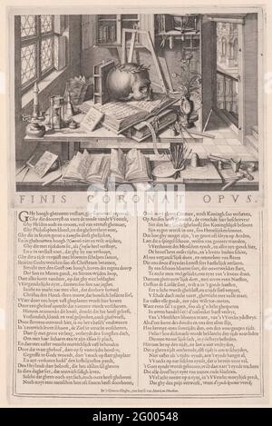 Vanitas encore en vie avec un crâne avec une couronne de Laurier; Finis Coronat Opus. Allégorie sur la transience. Vanitas continue de vivre avec un crâne couronné d'une couronne de Laurier, des livres, un sablier, une bougie enchantée, un vase avec des fleurs et divers attributs de peinture. Ouvrez les livres dans les livres au premier plan dans lesquels vous pouvez voir les tirages. Dans le livre ouvert au milieu: Marc 13-13: Quiconque est plein de Soig Worde. Et: APOC.14: Salich Syn les morts [...] après. Avant gauche une plaque de cuivre avec l'image d'Hercules, sur laquelle le monogramme de Hendrick Hondius. Sous la gravure un texte en typographie en deux colonnes de 32 li Banque D'Images