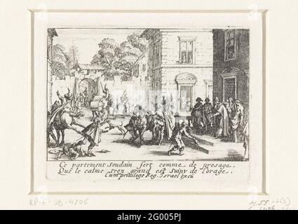 Le fils perdu quitte sa maison parentale; le fils perdu. Pour sa maison parentale, le fils perdu dit Au revoir à son vieux père et aux autres membres de sa famille. Des animaux emmenant en voiture. Sous le spectacle un verset francophone à deux pattes. Cet imprimé fait partie d'une série d'imprimés autour de la parabole du fils perdu, composée d'un titre imprimé et de dix représentations narratives. Banque D'Images
