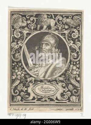 Portrait de Judas de Makkabeër en médaillon à l'intérieur d'un cadre rectangulaire avec ornements; Judas Machababeaus; les neuf meilleurs. Portrait de Judas de Makkabeet avec casque, épée et barbe en médaillon à l'intérieur d'un cadre rectangulaire avec différents animaux tels qu'un lion, la dinde et le coq comme ornements avec des cornes d'abondance. Banque D'Images