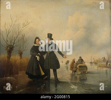 Portrait de M. et de Mme Thijssen sur la glace. Portrait de M. et de Mme Thijssen, armés sur la glace. Sur la droite sur la glace une famille à un traîneau, gauche deux saules de pollard. Banque D'Images