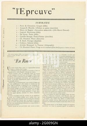 Magazine l'Epreuve. Le magazine l'Epreuve est paru mensuellement à partir du 1894 décembre 1895 et a prêté attention à l'art et à la littérature. Un album avec dix copies originales d'artistes célèbres est apparu dans le magazine, ces derniers sont appelés sur la page d'accueil. Dans cette deuxième publication de janvier 1895, entre autres, un article sur l'artiste Louis Legrand et une illustration de son œuvre et de deux poèmes d'Henri de Régnier. Banque D'Images