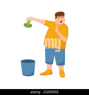 Un jeune homme gras refuse de manger du brocoli et le jette dans une poubelle. Guy avec le geste de refus, expression faciale de dégoût. Mangeur de nourriture difficile. Concept de style de vie malsain. Illustration de dessin animé vectoriel. Illustration de Vecteur