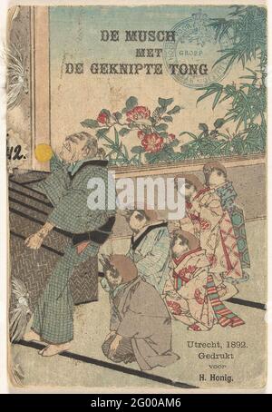 Le musch avec la langue coupée; les contes de fées japonais ensemble; la série japonaise de contes de fées. Numéro deux d'une série avec des contes de fées japonais traduits; couverture avec le titre et l'image de comme les gens habillés les moineaux; couverture intérieure, colophon; dix feuilles, texte hollandais avec des illustrations. La version originale en anglais a été publiée en 1885. Banque D'Images