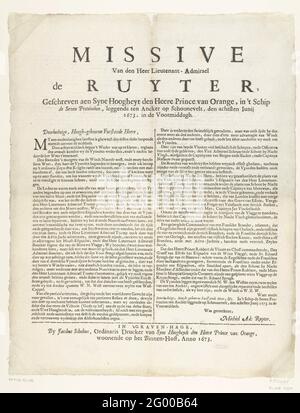 Missive van de Ruyter au prince Willem III sur la victoire dans la bataille navale du 7 juin 1673; missive van den Heer Lieutenant-Admirael de Ruyter, écrit Aen SYNE Hoogheyt le prince seigneur d'Orange, dans le navire de Seven Provincien, en se posant à l'anceur, le huitième Junij 1673. Le matin. Missive de l'amiral Michiel de Ruyter au prince Willem III sur la victoire obtenue dans la bataille de navigation du 7 juin 1673 par la flotte de la République sous Michiel de Ruyter et Cornelis Tromp sur la flotte combinée franco-anglaise sous Prince Rupert et le comte Jean D 'Estrées. Texte en deux colonnes. Banque D'Images