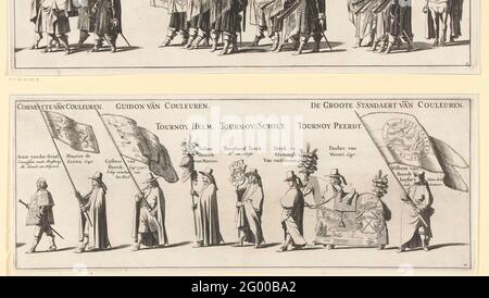 Le cortège funéraire de Frederik Hendrik (plaque no 10), 1647; la procession funéraire du Stadholder Frederik Hendrik dans 's-Gravenhage en 1647; Syne Hoogheyt Frederick Henrick, par le prince d'Orange de Dieu de Graatien, tombe de Nassau & c. La procession funéraire du Stadholder Frederik Hendrik dans 's-Gravenhage le 10 mai 1647. Plaque n° 10 avec une partie de la procession avec les porteurs standard et un cheval, au-dessus des gens sont leur nom et fonction. Partie d'une série de 30 plaques et 20 feuilles de texte, destinées à être collées ensemble. Banque D'Images