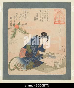 Il est bon de durcir les dents; Hagatame oshi; UNE série pour l'association des poètes Hanazono; Hanazono bantsuzuki. Une femme utilise un couteau pour couper un gâteau de riz séché, avec derrière ses décorations du nouvel an. Au début de la nouvelle année, il mangeait des choses dures comme le gâteau de riz séché quelque chose que l'on ferait les dents plus dur et prolongerait également la vie. Avec deux poèmes. Les tirages de cette série sont en ligne avec la croyance que les premières activités de la nouvelle année ont été extra spécial. La cartouche rouge sur les imprimés fait référence aux almanachs qui ont indiqué quelles activités n'ont pas ou mieux à ne pas être prises Banque D'Images