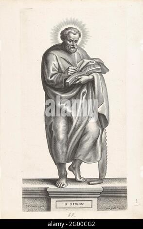 Saint Simon le Zeloot; icônes SS Apostolorum. L'imprimé montre le Saint Simon le Zeloot. Dans sa main gauche, outil de torture, la scie. La série se compose d'imprimés basés sur des peintures de Peter Paul Rubens. Banque D'Images