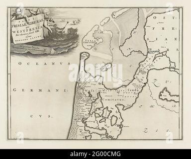 Carte historique des pays-Bas avec les zones de la Batava et des Frisons; Pars i Frisiae Liberae quae Westfresia. Carte de la Frise de l'Ouest. Partie des 16 cartes du pays et des frison fabriquées avant et incluses dans M. Atting, Descriptio Ant. Agri Batavi et Frisii, art. Notitia germe. Infer., 2 parties, 1697-1700. Réutilisée à F. Halma, stade des pays-Bas et paysages dépendants, dictionnaire général historique, généalogique, géographique et politique, 2 parties, 1725. Selon l'inscription placée dans: Partie II, p. 308. Banque D'Images