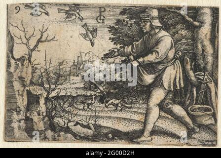 Parabole de la sous-puissance; vie du Christ. Un homme semant des semences sur son champ et une partie de la semence est mangée par des oiseaux. Banque D'Images