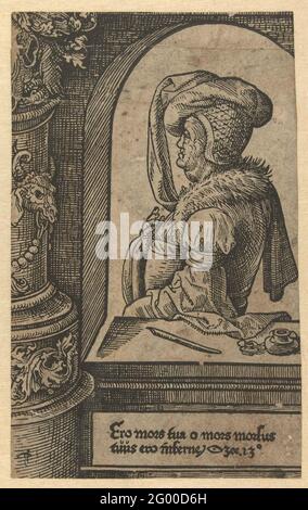 Le prophète Osée; les prophètes. Le prophète Osée a fait demi-tour dans une arche ronde, allongé en plume et en puits d'encre. En bas de la Bible livre Hosea, verset 13. Liens Décoration ornementale. Banque D'Images