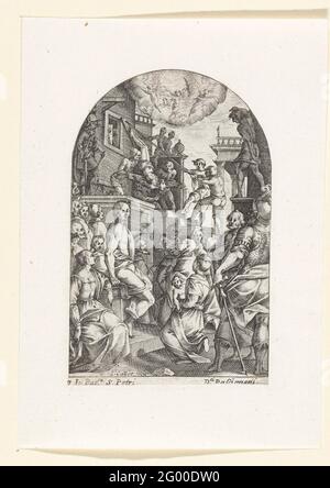 La torture mort de Petrus; peintures et sculptures à Rome. Petrus est crucifié à l'envers sur une plate-forme; au premier plan, un groupe de spectateurs. Sous la, affichez une légende en latin. Cet imprimé fait partie (du deuxième état de) d'une série de 29 représentations de peintures et sculptures dans les églises de Rome, numérotées 1-16 et 1-13. (Le premier état de cette série, dans lequel les impressions ne sont pas numérotées, inclut également une impression de titre). Banque D'Images