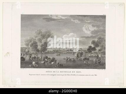 La capitulation de la Rochelle, 1628; Siège de la Rochelle et 1628. Représenté dans le moment ou les assises Anoncent par des Salves d'Artillerie la Soumission Entiere de cette ville. La capitulation de la ville rebelle française de la Rochelle après le siège à travers l'armée d'Etat et l'armée royale française sous le cardinal Richelieu de septembre 1627 à octobre 1628. La capitulation de la ville le 28 octobre 1628 est célébrée par le tir d'un salvo par l'artillerie et les navires sur l'eau. Étiqueté ci-dessus pl. IV Banque D'Images