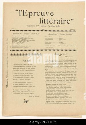 Magazine l'Epreuve. Le magazine l'Epreuve est paru mensuellement à partir du 1894 décembre 1895 et a prêté attention à l'art et à la littérature. A partir de mars 1895, l'album avec dix tirages originaux d'artistes célèbres est apparu comme une pièce jointe lâche, qui est appelée sur la page de couverture. Dans ce septième numéro de juin 1895, il y a des différences de poèmes et de bookcitates. Sur la page d'accueil se trouve une liste de dix james artificiels plus une édition supplémentaire pour l'édition de luxe. Banque D'Images