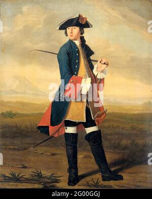 Portrait de Ludolf Backhuysen II, peintre, dans l'uniforme des Dragoons. Portrait du peintre Ludolf Bakhuysen II (1717-82), dans l'uniforme des Dragonders. Debout, plein, dans un paysage, un fouet dans la main gauche. Banque D'Images