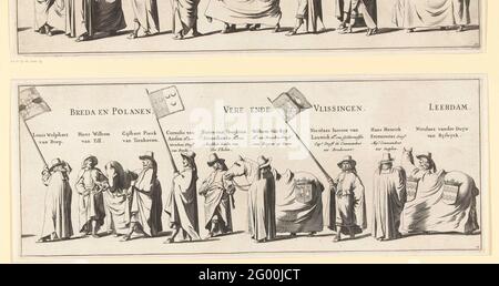 Le cortège funéraire de Frederik Hendrik (plaque no 14), 1647; la procession funéraire du Stadholder Frederik Hendrik dans 's-Gravenhage en 1647; Syne Hoogheyt Frederick Henrick, par le prince d'Orange de Dieu de Graatien, tombe de Nassau & c. La procession funéraire du Stadholder Frederik Hendrik dans 's-Gravenhage le 10 mai 1647. Plaque No 14 avec une partie de la procession avec les transporteurs standard et trois chevaux, au-dessus des gens sont leur nom et fonction. Partie d'une série de 30 plaques et 20 feuilles de texte, destinées à être collées ensemble. Banque D'Images
