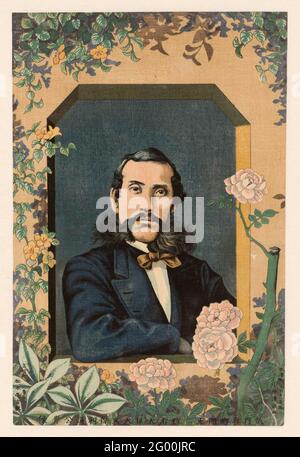 Portrait du ministre décédé, Okubo Toshimichi .. Portrait de la ministre japonaise vêtue de l'Ouest, Okubo Toshimichi, représenté dans une fenêtre, entouré de winger et de roses en fleur. Banque D'Images