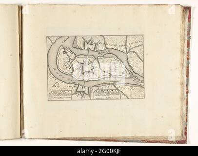 Carte de fort Louis, ca. 1701-1713 ; fort sous, une force sur une île dans le Rhijn ; les Principales Forterses & celles Fortes, d'Espagne, de France, d'Italie, la Savoia, D'Allemagne et des Païs-Bas (...) / photos de sites des principales villes fortes et forteresses de Spanjen, Vrankryk, Italien, Savoy, Duytsland et Nederlanden (...). Fort Louis, construit sur le Rhin sous Strasbourg en 1688, construit en 1688. Partie de la série de 49 plaques de villes fortes et forteresses renommées dans la guerre de succession espagnole, ca. 1701-1713. Avec les titres en néerlandais et français. Banque D'Images