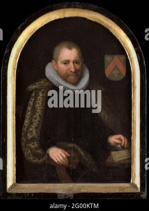 Portrait de Gerrit Willemsz van Schoterbosch (c. 1538-1611). Portrait de Gerrit Willemsz van Schoterbosch (c. 1538-1611). La moitié, assis sur une chaise, a tourné le visage vers le spectateur. Pour une table sur laquelle est un livre, un cachet dans la main gauche. En haut à droite, l'écusson de la famille. Peut-être une copie de Cornelis Engelsz. À un original inconnu de 1605. APPARTIENT À UN GROUPE DE PORTRAITS : SK-A-4753 / SK-A-4754 / SK-A-4776 / SK-A-4772 / SK-A-4771 / SK-A-4756 / SK-A-4757 / SK-A-4773 / SK-A-4758 / SK-A-4759 / SK-A-4775 ET SK-A-4774. Banque D'Images