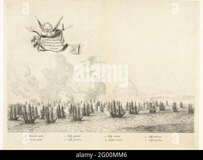 Quatrième combat avec la flotte portugaise au Rio Grande, 1640; Quartum Praelium Coniovian Inter et Fluvium Rio Grande XVII Jan .. Quatrième combat entre la flotte de la WIC sous Willem Cornelisz. Loos avec la flotte portugaise sous Comte la Torre au Rio Grande, au large de la côte à Salvador (Bahia), le 17 janvier 1640. Dans l'air un bandérole ailé avec le titre et les armes des parties en guerre dans la bataille de navigation. Dans la légende, l'explication des lettres A-B et des chiffres 1-6 en latin. Plaque [n° 45] dans une série de 55 représentations du voyage et du séjour au Brésil fr Banque D'Images