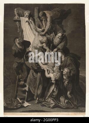 Annulation croisée ; conclusion de la croix. Le corps du Christ est recueilli par Joseph d'Arimatea et Nikodemus de la Croix. John s'occupe du cadavre, aidé par les trois Maria. Deux autres hommes aident également. Au premier plan, les épines et les clous. Banque D'Images