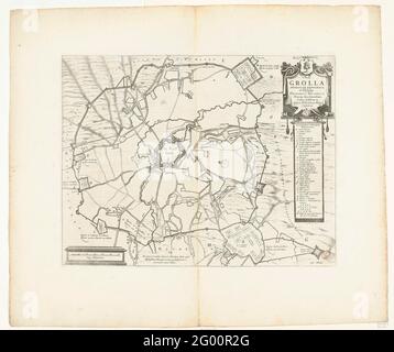 Siège de Grol, 1627; Grolla Obsessa et Expuga AB Illustrissimo Friderico Henrico; 't Zied van Grol. Carte du siège de Groenlo, 1627. Centre de la ville de Groenlo, autour de lui les quartiers des troupes de scellement. En haut à droite une cartouche avec le titre et la légende A-O et 1-18 en latin. Inscriptions dans les représentations en français et néerlandais. Pris sur un double magazine du livre de villes de Blaeu, imprimé au dos avec texte en néerlandais. Banque D'Images