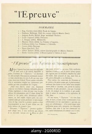 Magazine l'Epreuve. Le magazine l'Epreuve est paru mensuellement à partir du 1894 décembre 1895 et a prêté attention à l'art et à la littérature. Un album avec onze copies originales d'artistes célèbres est apparu dans le magazine, ces derniers sont appelés sur la page d'accueil. Dans ce premier numéro de décembre 1894, une grande attention est accordée à la responsabilité de ce nouveau magazine. Banque D'Images