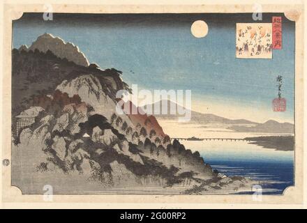 Lune d'automne à ishiyama; Ishiyama no Shugetsu; huit visages sur la province d'Omi; Omi Hakkei. Paysage de montagne avec extrêmement à gauche, contre le mur de montagne, le temple Ishiyama et en arrière-plan le lac biwa avec le pont de seta; en pleine lune. Dans la cartouche carrée en haut à droite un poème. Banque D'Images