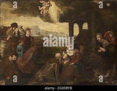 Adoration du magi. L'adoration des rois. Un roi s'agenouille dans l'adoration à Maria avec l'enfant, laisse les autres rois avec des cadeaux, droit Joseph et un berger. Dans les anges du ciel. Banque D'Images