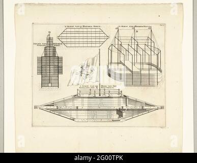 Feuille avec deux dessins pour les navires expérimentaux, ca. 1650. Feuille avec deux dessins pour les navires expérimentaux du milieu du XVIIe siècle. Au sommet trois vues sur un design pour un voilier par Hendrik Stevin. Au fond du navire stupide ou merveilleux de Rotterdam, il a conçu Nicolas Desson (listé ici comme 'Mr. Van son'), 1653. Navire en bois fermé en forme de diamant avec roue à cri ou vis au milieu (recouvert d'une feuille attachée). Signature en haut à droite : Pag. 13. Banque D'Images